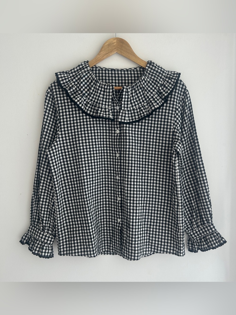 Black and White Gingham Ruffle Collar Button-Up Top